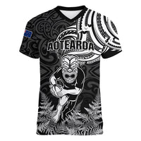 Custom New Zealand Silver Fern Rugby Women V Neck T Shirt Maori Tiki Player With Ta Moko Tribal - Wonder Print Shop