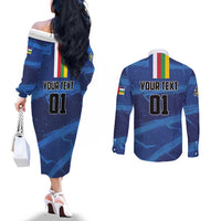 Custom Central African Republic Football Couples Matching Off The Shoulder Long Sleeve Dress and Long Sleeve Button Shirt Go Les Fauves