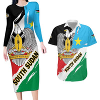 Personalized South Sudan Couples Matching Long Sleeve Bodycon Dress and Hawaiian Shirt Grunge Flag Style - Wonder Print Shop