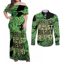 Personalized Portland Frog Protest Couples Matching Off Shoulder Maxi Dress and Long Sleeve Button Shirt Only You Can Prevent Fascism - Wonder Print Shop
