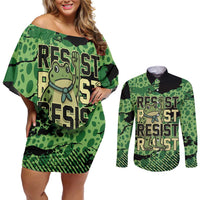 Personalized Portland Frog Protest Couples Matching Off Shoulder Short Dress and Long Sleeve Button Shirt Only You Can Prevent Fascism - Wonder Print Shop