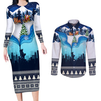 New York Christmas Couples Matching Long Sleeve Bodycon Dress and Long Sleeve Button Shirt Manhattan Statue Of Liberty - Wonder Print Shop