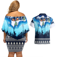 New York Christmas Couples Matching Off Shoulder Short Dress and Hawaiian Shirt Manhattan Statue Of Liberty - Wonder Print Shop