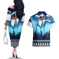 New York Christmas Couples Matching Off The Shoulder Long Sleeve Dress and Hawaiian Shirt Manhattan Statue Of Liberty - Wonder Print Shop