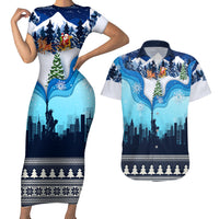 New York Christmas Couples Matching Short Sleeve Bodycon Dress and Hawaiian Shirt Manhattan Statue Of Liberty - Wonder Print Shop