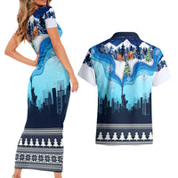 New York Christmas Couples Matching Short Sleeve Bodycon Dress and Hawaiian Shirt Manhattan Statue Of Liberty - Wonder Print Shop