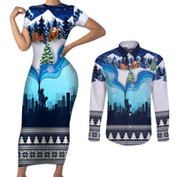 New York Christmas Couples Matching Short Sleeve Bodycon Dress and Long Sleeve Button Shirt Manhattan Statue Of Liberty - Wonder Print Shop