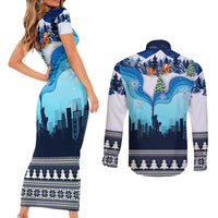 New York Christmas Couples Matching Short Sleeve Bodycon Dress and Long Sleeve Button Shirt Manhattan Statue Of Liberty - Wonder Print Shop