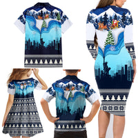 New York Christmas Family Matching Long Sleeve Bodycon Dress and Hawaiian Shirt Manhattan Statue Of Liberty - Wonder Print Shop