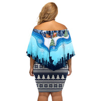 New York Christmas Off Shoulder Short Dress Manhattan Statue Of Liberty - Wonder Print Shop