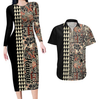 Hawaiian Quilt Couples Matching Long Sleeve Bodycon Dress and Hawaiian Shirt Hibiscus Kakau Vintage Style - Wonder Print Shop