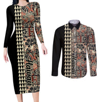 Hawaiian Quilt Couples Matching Long Sleeve Bodycon Dress and Long Sleeve Button Shirt Hibiscus Kakau Vintage Style - Wonder Print Shop