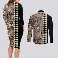 Hawaiian Quilt Couples Matching Long Sleeve Bodycon Dress and Long Sleeve Button Shirt Hibiscus Kakau Vintage Style - Wonder Print Shop