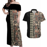 Hawaiian Quilt Couples Matching Off Shoulder Maxi Dress and Hawaiian Shirt Hibiscus Kakau Vintage Style - Wonder Print Shop