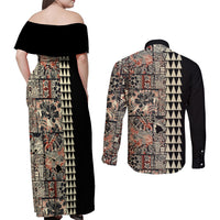 Hawaiian Quilt Couples Matching Off Shoulder Maxi Dress and Long Sleeve Button Shirt Hibiscus Kakau Vintage Style - Wonder Print Shop