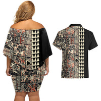 Hawaiian Quilt Couples Matching Off Shoulder Short Dress and Hawaiian Shirt Hibiscus Kakau Vintage Style - Wonder Print Shop