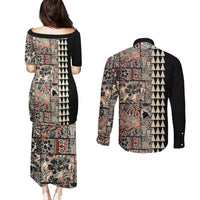 Hawaiian Quilt Couples Matching Puletasi Dress and Long Sleeve Button Shirt Hibiscus Kakau Vintage Style - Wonder Print Shop