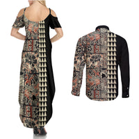 Hawaiian Quilt Couples Matching Summer Maxi Dress and Long Sleeve Button Shirt Hibiscus Kakau Vintage Style - Wonder Print Shop