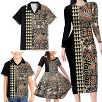 Hawaiian Quilt Family Matching Long Sleeve Bodycon Dress and Hawaiian Shirt Hibiscus Kakau Vintage Style - Wonder Print Shop