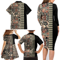 Hawaiian Quilt Family Matching Long Sleeve Bodycon Dress and Hawaiian Shirt Hibiscus Kakau Vintage Style - Wonder Print Shop
