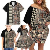 Hawaiian Quilt Family Matching Off Shoulder Short Dress and Hawaiian Shirt Hibiscus Kakau Vintage Style - Wonder Print Shop