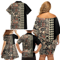Hawaiian Quilt Family Matching Off Shoulder Short Dress and Hawaiian Shirt Hibiscus Kakau Vintage Style - Wonder Print Shop