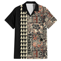 Black short-sleeve camp collar shirt with hibiscus-style floral patchwork and zigzag stripe