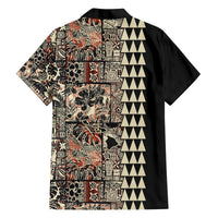 Black short-sleeve camp collar shirt, back view, floral patchwork panel and zigzag stripe