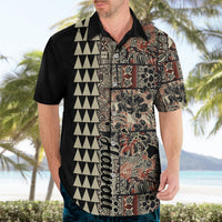Men's black short-sleeve camp collar shirt with colorful floral patchwork and zigzag stripe
