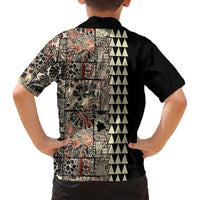 Kids black short-sleeve camp collar shirt, back view, floral patchwork panel and zigzag stripe