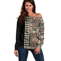 Hawaiian Quilt Off Shoulder Sweater Hibiscus Kakau Vintage Style - Wonder Print Shop