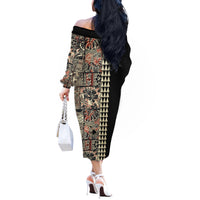 Hawaiian Quilt Off The Shoulder Long Sleeve Dress Hibiscus Kakau Vintage Style - Wonder Print Shop