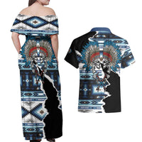 Native American Chief Skull With Axe Couples Matching Off Shoulder Maxi Dress and Hawaiian Shirt - Wonder Print Shop