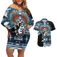 Native American Chief Skull With Axe Couples Matching Off Shoulder Short Dress and Hawaiian Shirt - Wonder Print Shop
