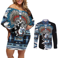 Native American Chief Skull With Axe Couples Matching Off Shoulder Short Dress and Long Sleeve Button Shirt - Wonder Print Shop