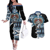 Native American Chief Skull With Axe Couples Matching Off The Shoulder Long Sleeve Dress and Hawaiian Shirt - Wonder Print Shop