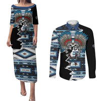 Native American Chief Skull With Axe Couples Matching Puletasi and Long Sleeve Button Shirt - Wonder Print Shop