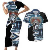 Native American Chief Skull With Axe Couples Matching Short Sleeve Bodycon Dress and Hawaiian Shirt - Wonder Print Shop