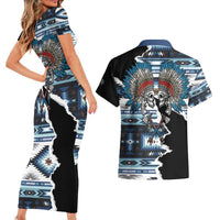 Native American Chief Skull With Axe Couples Matching Short Sleeve Bodycon Dress and Hawaiian Shirt - Wonder Print Shop
