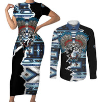 Native American Chief Skull With Axe Couples Matching Short Sleeve Bodycon Dress and Long Sleeve Button Shirt - Wonder Print Shop