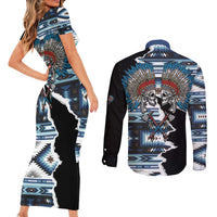 Native American Chief Skull With Axe Couples Matching Short Sleeve Bodycon Dress and Long Sleeve Button Shirt - Wonder Print Shop