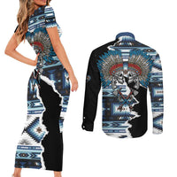 Native American Chief Skull With Axe Couples Matching Short Sleeve Bodycon Dress and Long Sleeve Button Shirt - Wonder Print Shop