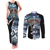 Native American Chief Skull With Axe Couples Matching Tank Maxi Dress and Long Sleeve Button Shirt - Wonder Print Shop