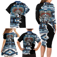 Native American Chief Skull With Axe Family Matching Long Sleeve Bodycon Dress and Hawaiian Shirt - Wonder Print Shop