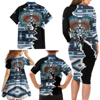 Native American Chief Skull With Axe Family Matching Long Sleeve Bodycon Dress and Hawaiian Shirt - Wonder Print Shop