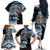 Native American Chief Skull With Axe Family Matching Off The Shoulder Long Sleeve Dress and Hawaiian Shirt - Wonder Print Shop
