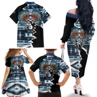 Native American Chief Skull With Axe Family Matching Off The Shoulder Long Sleeve Dress and Hawaiian Shirt - Wonder Print Shop