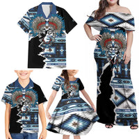 Native American Chief Skull With Axe Family Matching Off Shoulder Maxi Dress and Hawaiian Shirt - Wonder Print Shop