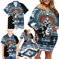 Native American Chief Skull With Axe Family Matching Off Shoulder Short Dress and Hawaiian Shirt - Wonder Print Shop