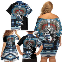 Native American Chief Skull With Axe Family Matching Off Shoulder Short Dress and Hawaiian Shirt - Wonder Print Shop
